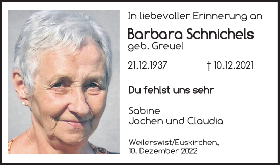 Anzeige von Barbara Schnichels von Kölner Stadt-Anzeiger / Kölnische Rundschau / Express