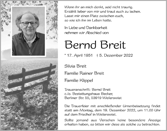 Anzeige von Bernd Breit von  Blickpunkt Euskirchen 