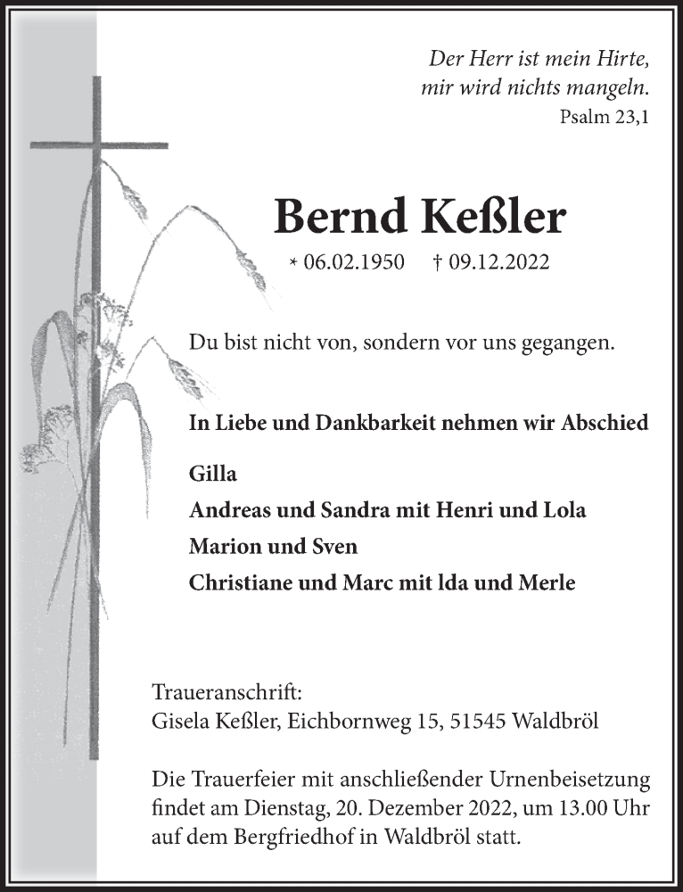  Traueranzeige für Bernd Keßler vom 16.12.2022 aus  Lokalanzeiger 