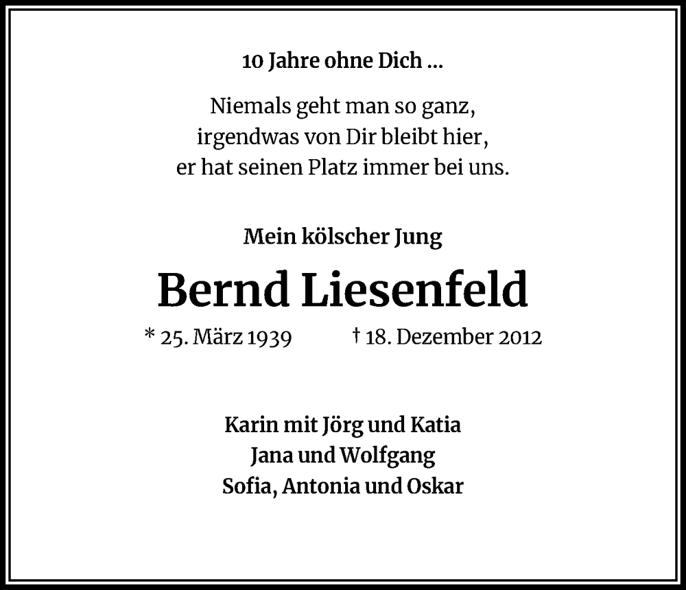  Traueranzeige für Bernd Liesenfeld vom 18.07.2023 aus Kölner Stadt-Anzeiger / Kölnische Rundschau / Express