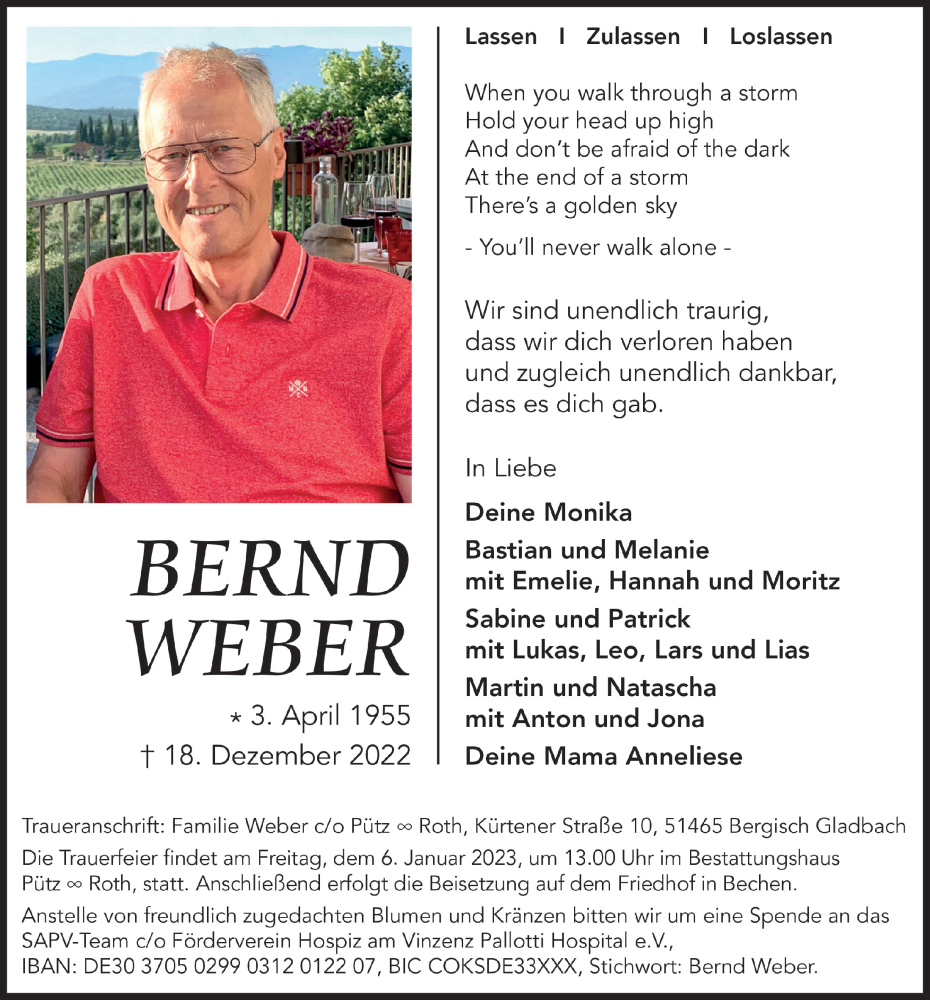  Traueranzeige für Bernd Weber vom 29.12.2022 aus  Bergisches Handelsblatt 