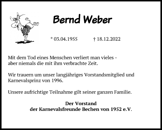 Anzeige von Bernd Weber von Kölner Stadt-Anzeiger / Kölnische Rundschau / Express