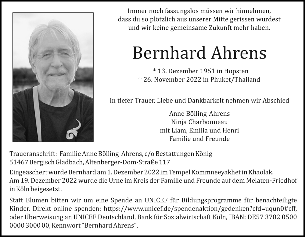  Traueranzeige für Bernhard Ahrens vom 24.12.2022 aus Kölner Stadt-Anzeiger / Kölnische Rundschau / Express