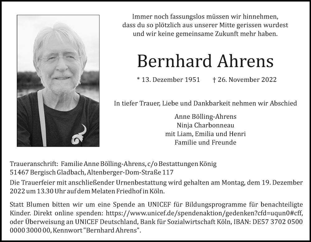  Traueranzeige für Bernhard Ahrens vom 17.12.2022 aus Kölner Stadt-Anzeiger / Kölnische Rundschau / Express