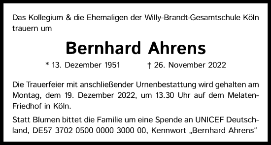 Anzeige von Bernhard Ahrens von Kölner Stadt-Anzeiger / Kölnische Rundschau / Express