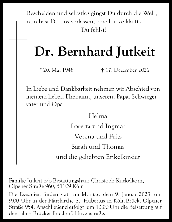 Anzeige von Bernhard Jutkeit von Kölner Stadt-Anzeiger / Kölnische Rundschau / Express