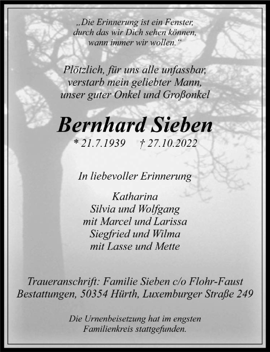 Anzeige von Bernhard Sieben von  Wochenende 