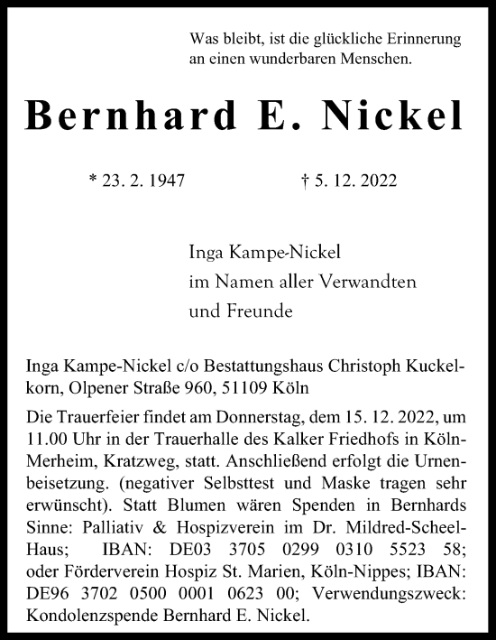 Anzeige von Bernhard E. Nickel von Kölner Stadt-Anzeiger / Kölnische Rundschau / Express