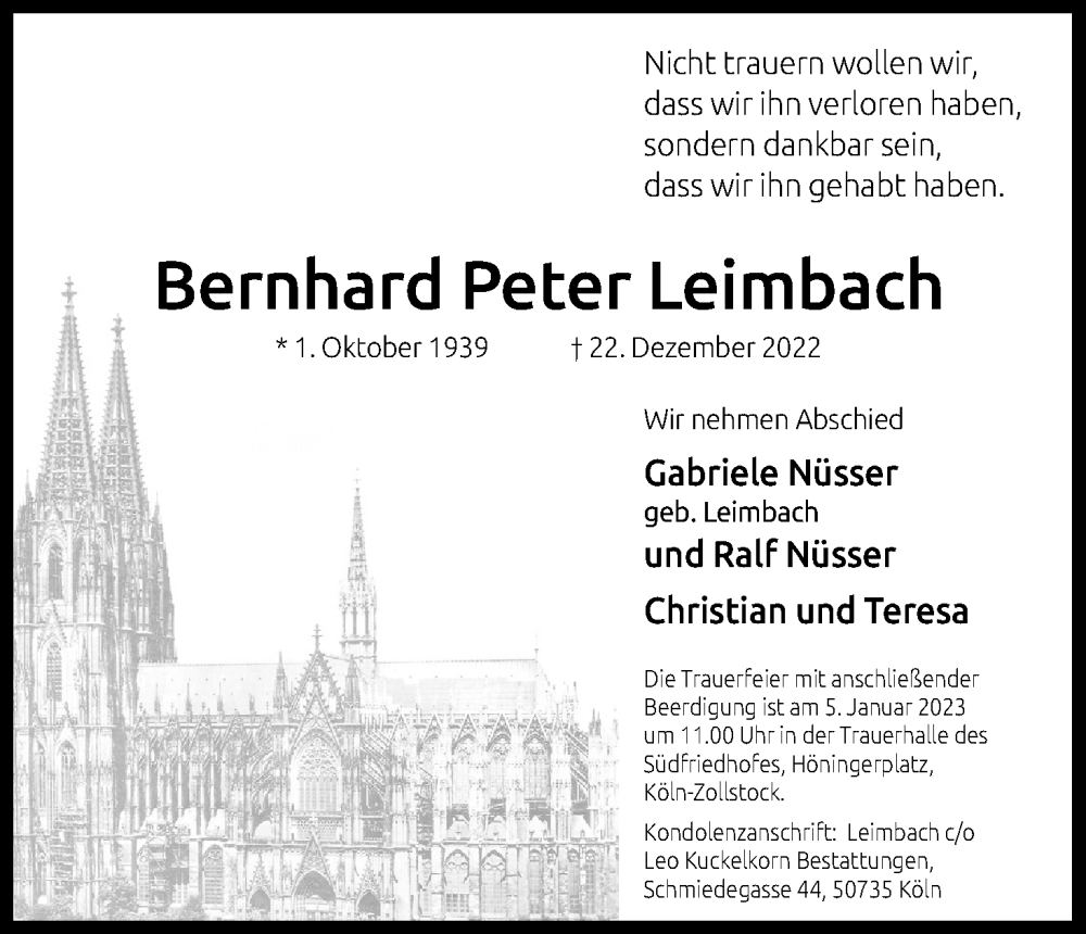  Traueranzeige für Bernhard Peter Leimbach vom 31.12.2022 aus Kölner Stadt-Anzeiger / Kölnische Rundschau / Express