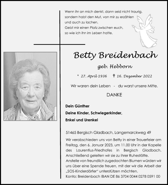 Anzeige von Betty Breidenbach von Kölner Stadt-Anzeiger / Kölnische Rundschau / Express