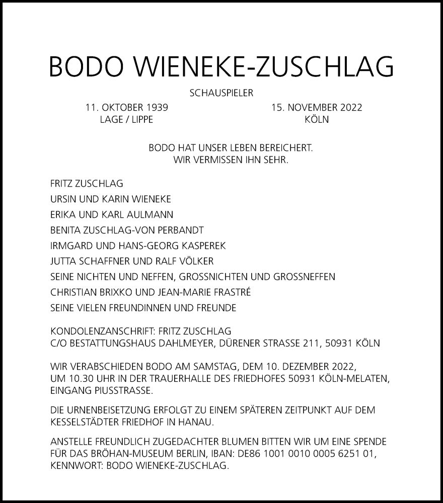  Traueranzeige für Bodo Wieneke-Zuschlag vom 03.12.2022 aus Kölner Stadt-Anzeiger / Kölnische Rundschau / Express