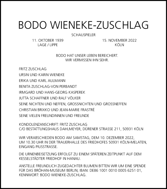 Anzeige von Bodo Wieneke-Zuschlag von Kölner Stadt-Anzeiger / Kölnische Rundschau / Express