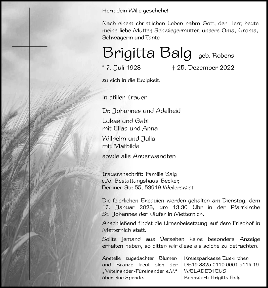  Traueranzeige für Brigitta Balg vom 30.12.2022 aus  Blickpunkt Euskirchen 