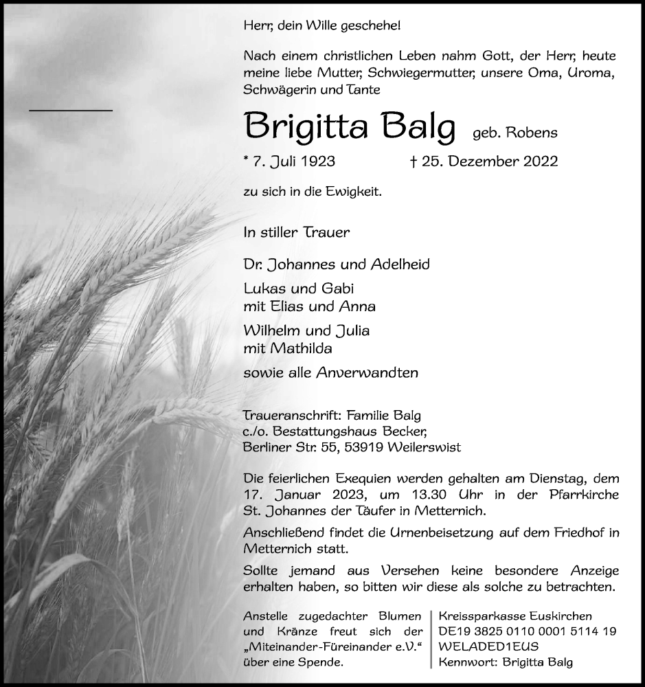  Traueranzeige für Brigitta Balg vom 31.12.2022 aus Kölner Stadt-Anzeiger / Kölnische Rundschau / Express