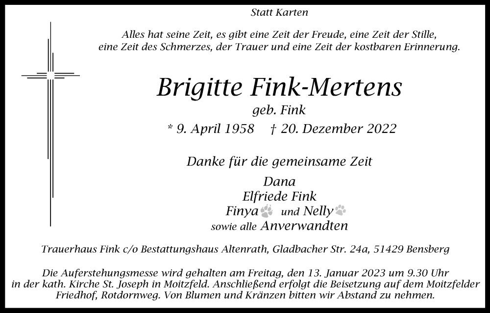  Traueranzeige für Brigitte Fink-Mertens vom 31.12.2022 aus Kölner Stadt-Anzeiger / Kölnische Rundschau / Express