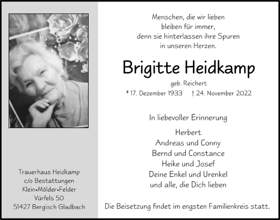 Anzeige von Brigitte Heidkamp von  Bergisches Handelsblatt 
