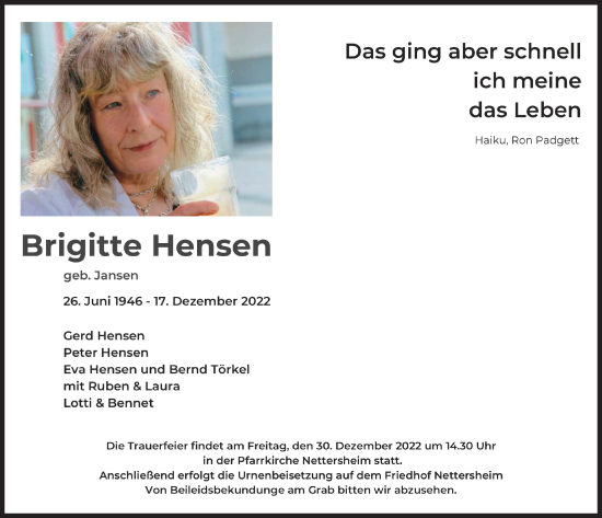 Anzeige von Brigitte Hensen von  Blickpunkt Euskirchen 