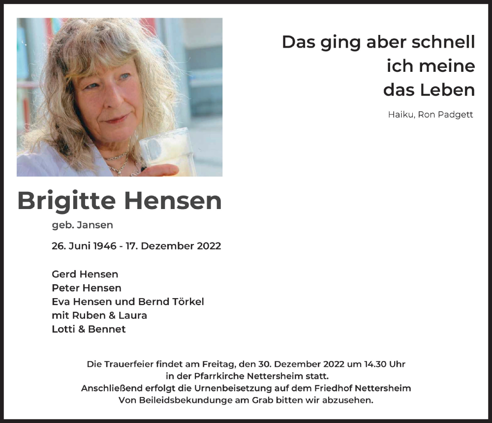  Traueranzeige für Brigitte Hensen vom 23.12.2022 aus  Blickpunkt Euskirchen 