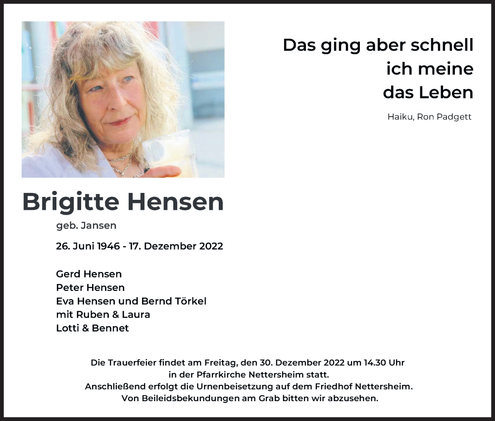  Traueranzeige für Brigitte Hensen vom 24.12.2022 aus Kölner Stadt-Anzeiger / Kölnische Rundschau / Express