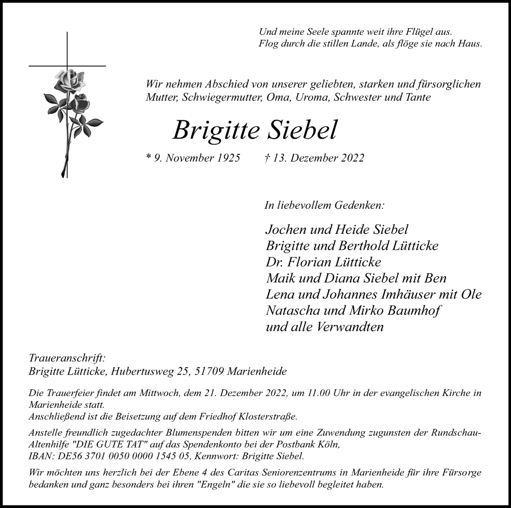  Traueranzeige für Brigitte Siebel vom 17.12.2022 aus Kölner Stadt-Anzeiger / Kölnische Rundschau / Express