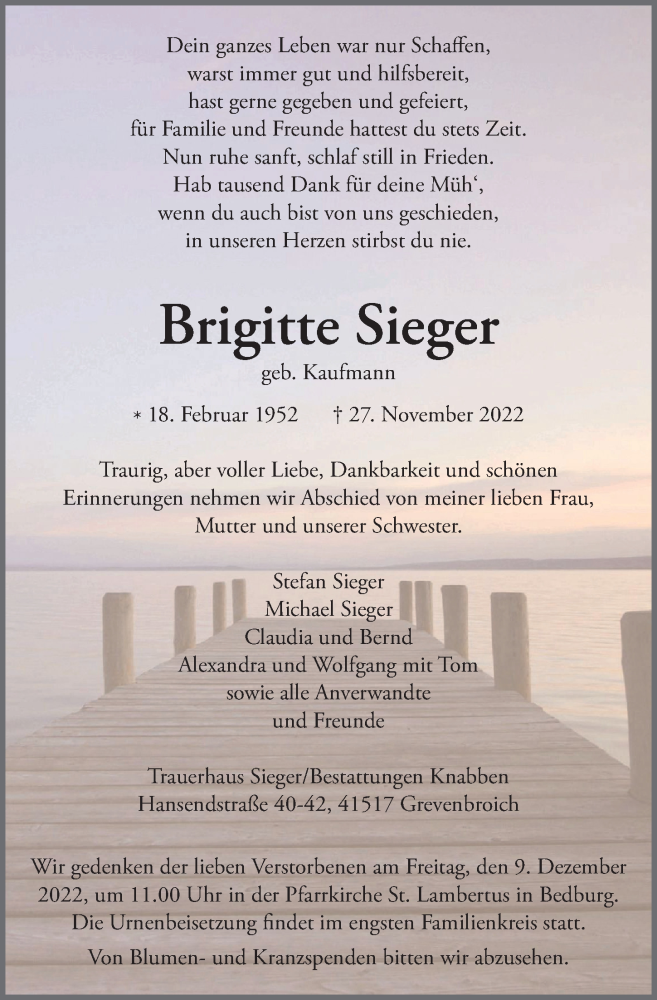  Traueranzeige für Brigitte Sieger vom 02.12.2022 aus  Werbepost 