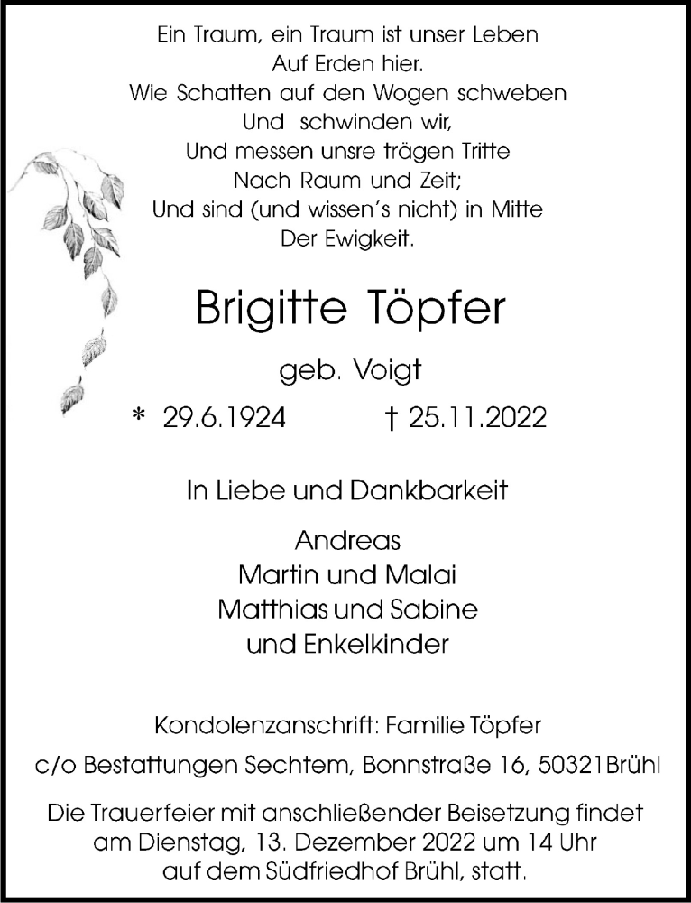  Traueranzeige für Brigitte Töpfer vom 09.12.2022 aus  Schlossbote/Werbekurier 