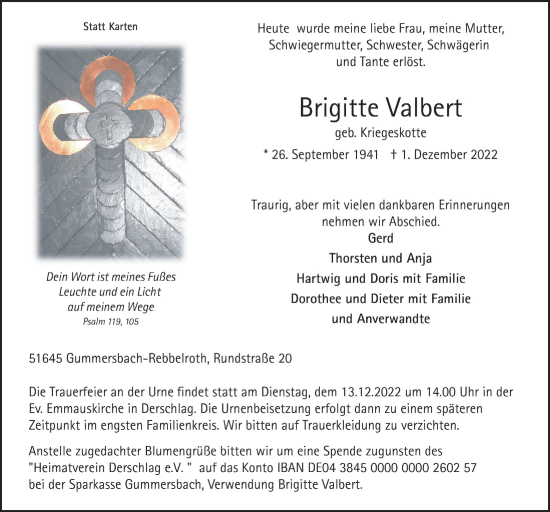 Anzeige von Brigitte Valbert von  Anzeigen Echo 