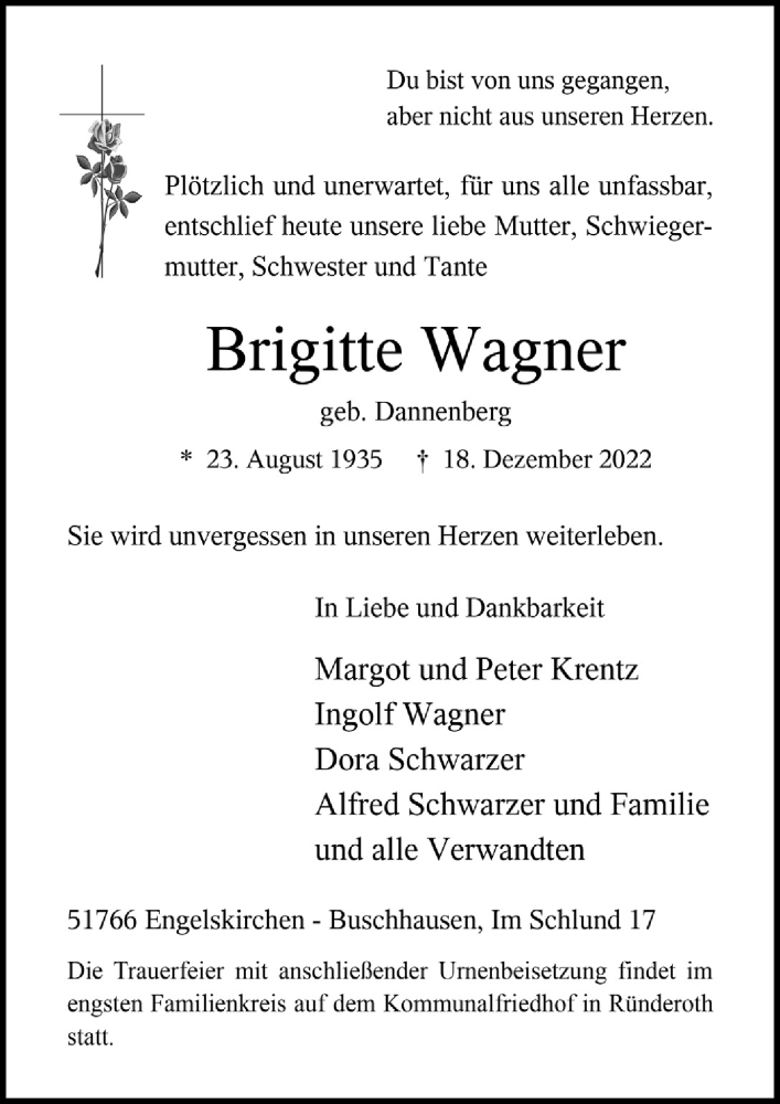  Traueranzeige für Brigitte Wagner vom 29.12.2022 aus  Anzeigen Echo 