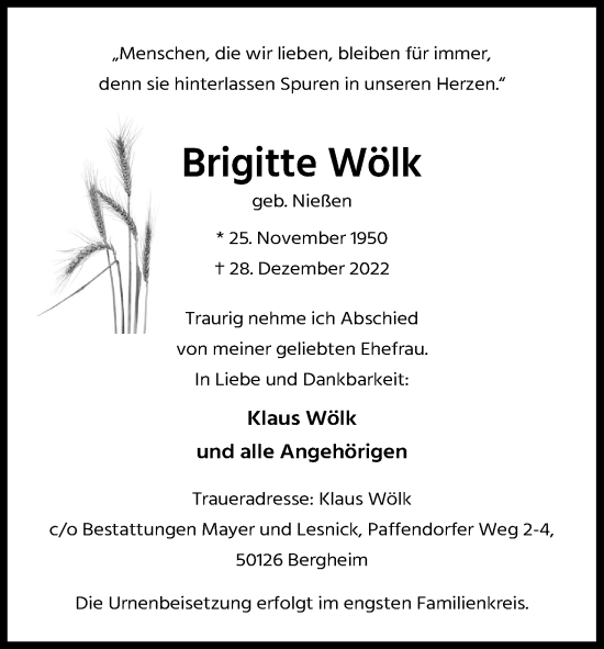 Anzeige von Brigitte Wölk von Kölner Stadt-Anzeiger / Kölnische Rundschau / Express
