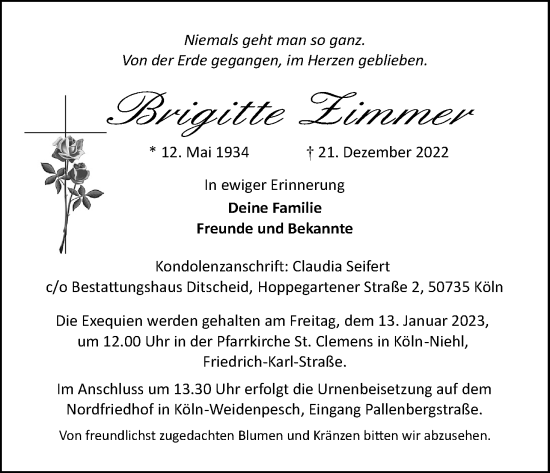 Anzeige von Brigitte Zimmer von Kölner Stadt-Anzeiger / Kölnische Rundschau / Express
