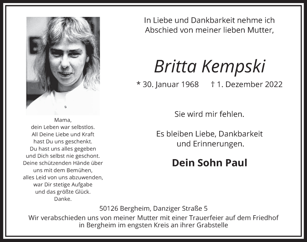  Traueranzeige für Britta Kempski vom 16.12.2022 aus  Werbepost 