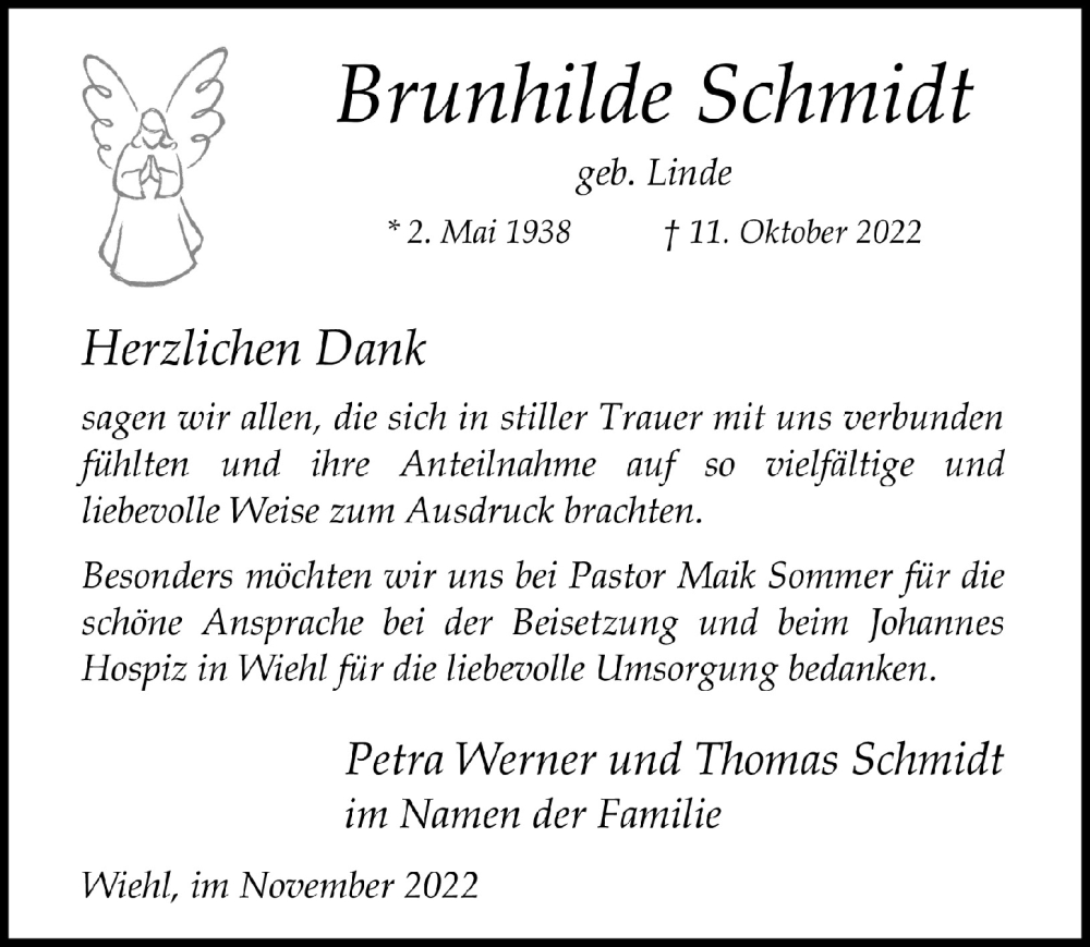  Traueranzeige für Brunhilde Schmidt vom 16.12.2022 aus  Anzeigen Echo 