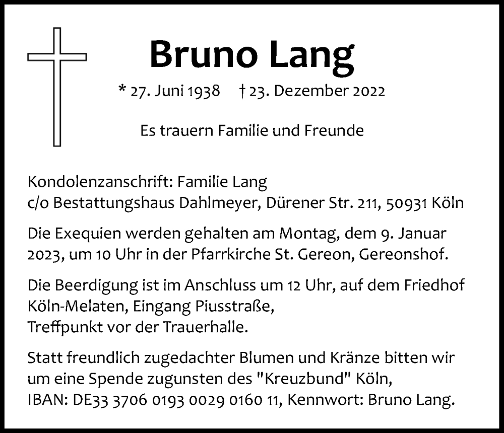  Traueranzeige für Bruno Lang vom 31.12.2022 aus Kölner Stadt-Anzeiger / Kölnische Rundschau / Express