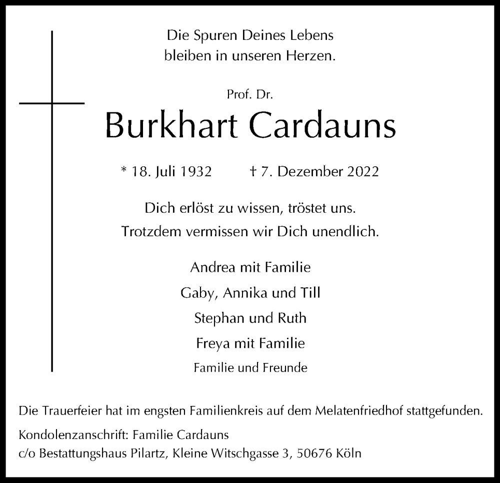  Traueranzeige für Burkhart Cardauns vom 24.12.2022 aus Kölner Stadt-Anzeiger / Kölnische Rundschau / Express