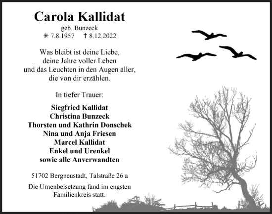 Anzeige von Carola Kallidat von  Anzeigen Echo 