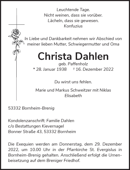 Anzeige von Christa Dahlen von  Schaufenster/Blickpunkt 