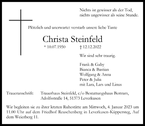 Anzeige von Christa Steinfeld von  Lokale Informationen 