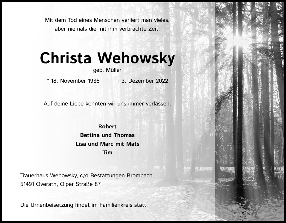  Traueranzeige für Christa Wehowsky vom 10.12.2022 aus Kölner Stadt-Anzeiger / Kölnische Rundschau / Express