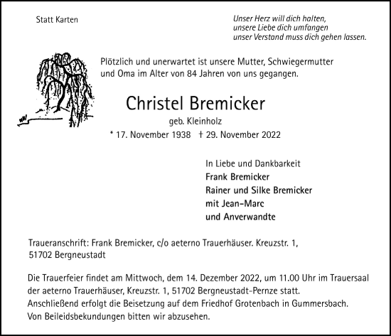 Anzeige von Christel Bremicker von  Anzeigen Echo 