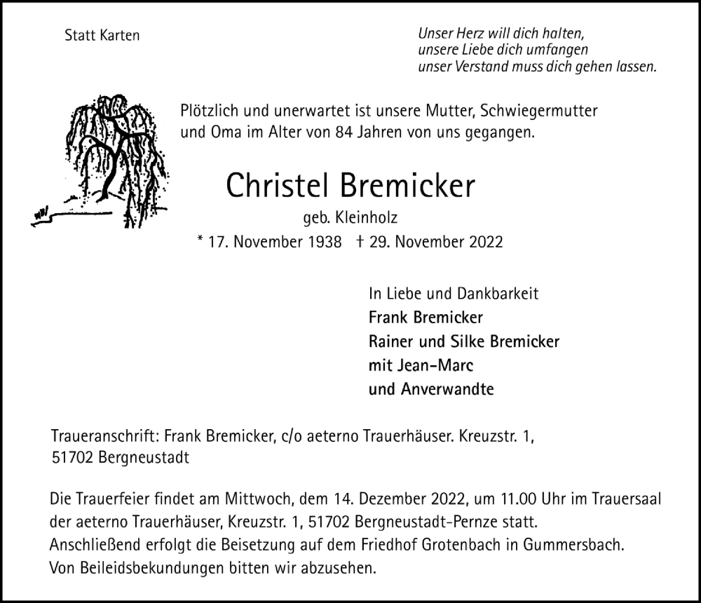  Traueranzeige für Christel Bremicker vom 09.12.2022 aus  Anzeigen Echo 