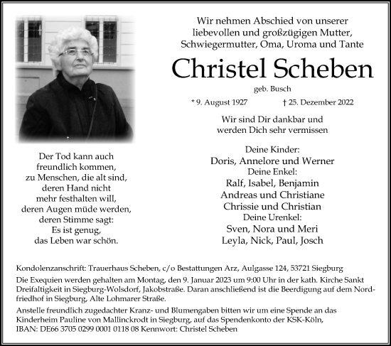 Anzeige von Christel Scheben von Kölner Stadt-Anzeiger / Kölnische Rundschau / Express