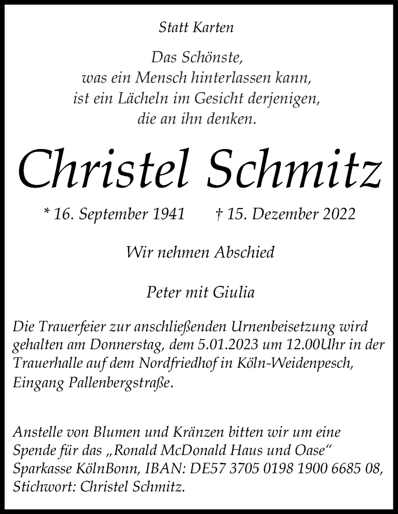  Traueranzeige für Christel Schmitz vom 31.12.2022 aus Kölner Stadt-Anzeiger / Kölnische Rundschau / Express