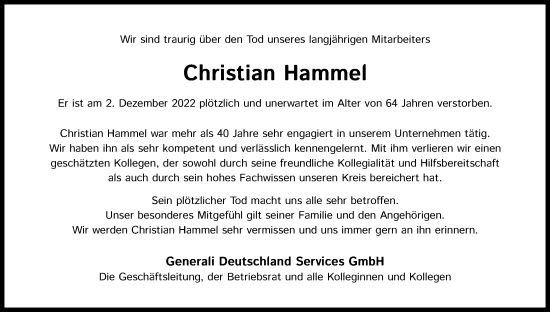 Anzeige von Christian Hammel von Kölner Stadt-Anzeiger / Kölnische Rundschau / Express