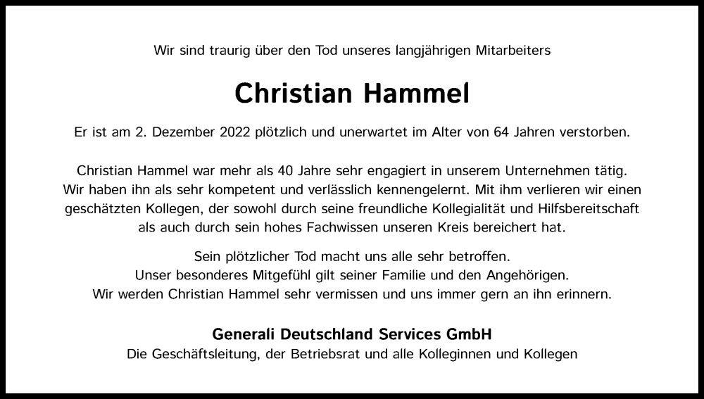  Traueranzeige für Christian Hammel vom 10.12.2022 aus Kölner Stadt-Anzeiger / Kölnische Rundschau / Express
