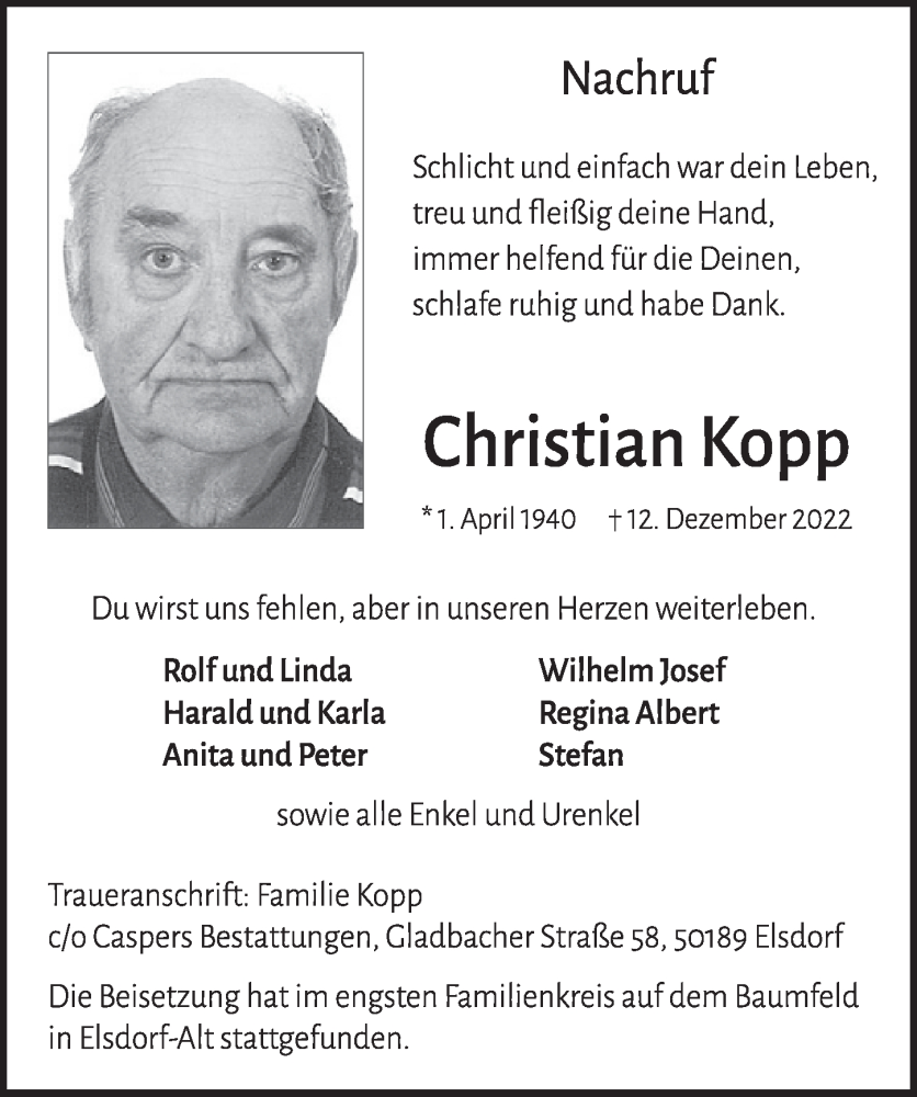  Traueranzeige für Christian Kopp vom 29.12.2022 aus  Werbepost 