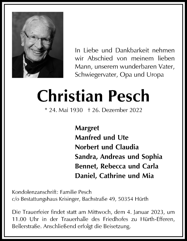  Traueranzeige für Christian Pesch vom 31.12.2022 aus Kölner Stadt-Anzeiger / Kölnische Rundschau / Express