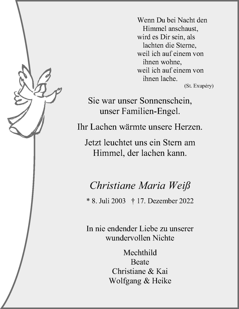 Traueranzeige für Christiane Maria Weiß vom 24.12.2022 aus Kölner Stadt-Anzeiger / Kölnische Rundschau / Express