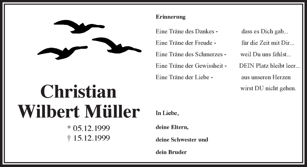  Traueranzeige für Christian Wilbert Müller vom 18.07.2023 aus  Bergisches Handelsblatt 