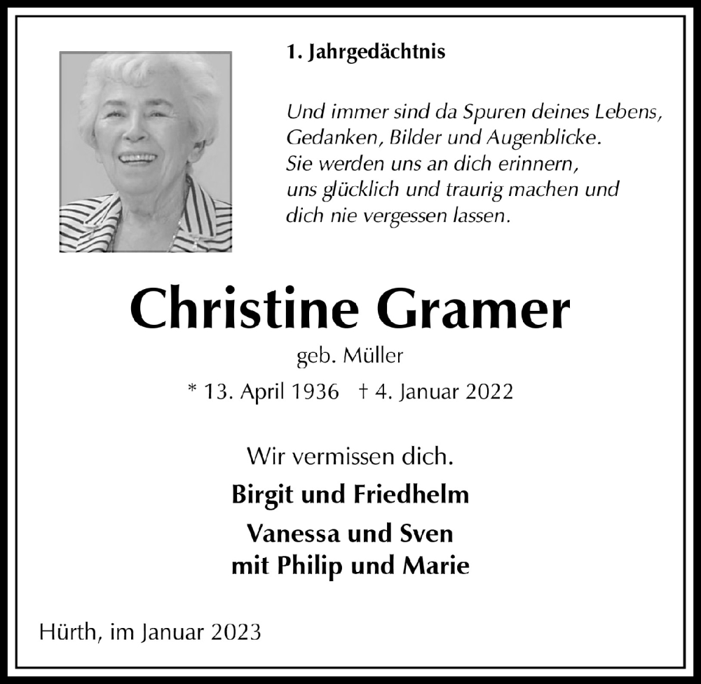  Traueranzeige für Christine Gramer vom 29.12.2022 aus  Wochenende 