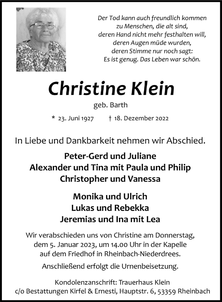 Traueranzeige für Christine Klein vom 29.12.2022 aus  Schaufenster/Blickpunkt 